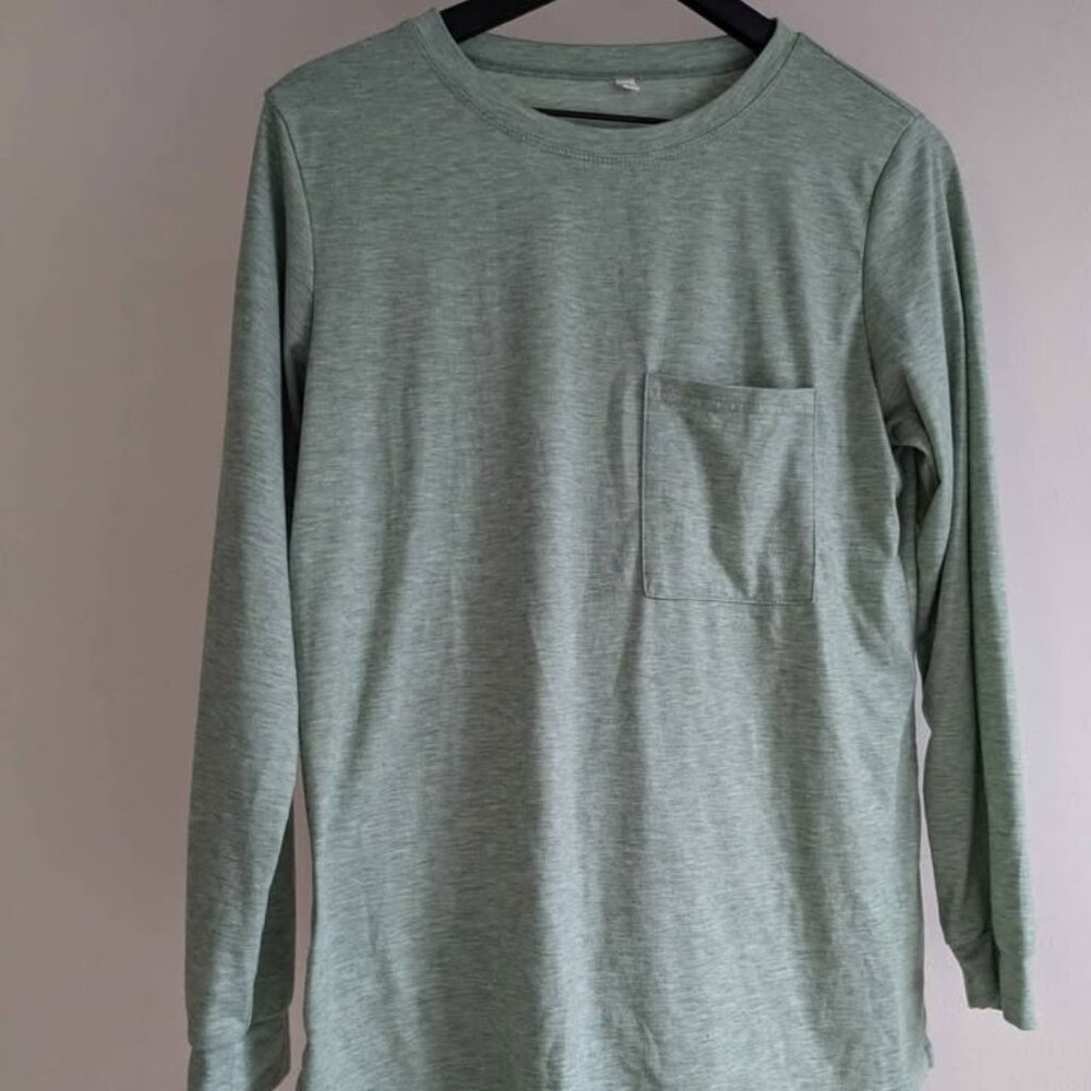 Green Women's Medium Long Sleeve Casual Plain Shirt Front Pocket
